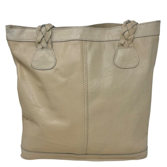 Vtg Sears Genuine Leather Shop Beige PUrse Tote Bag Braided Handles Hobo Bucket - Picture 4 of 13